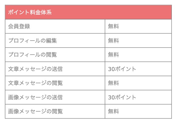 ポイント料金体系のスクリーンショット