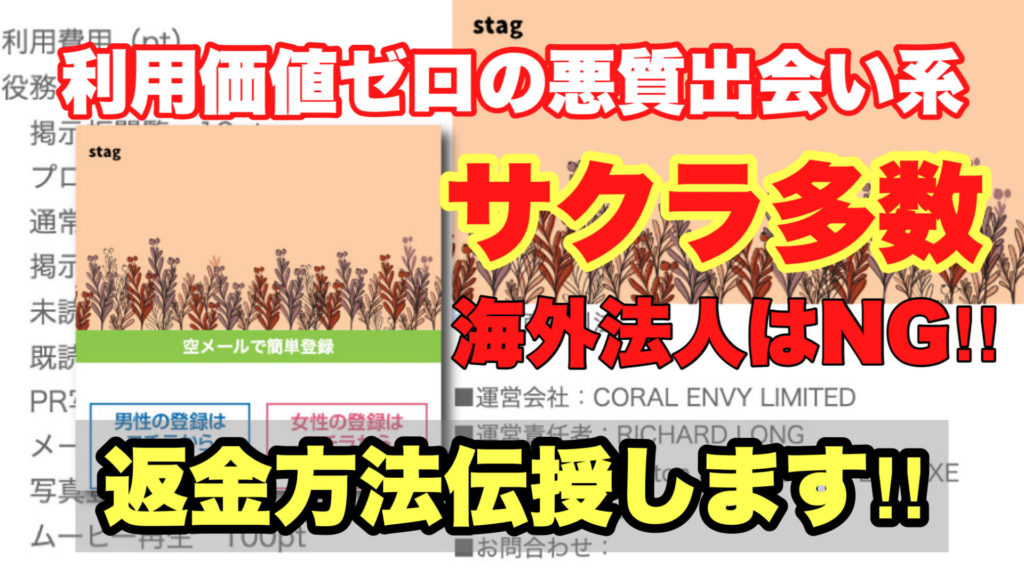 利用価値ゼロの悪質出会い系、stag,サクラ多数、海外法人はNG!!,返金方法伝授します!!