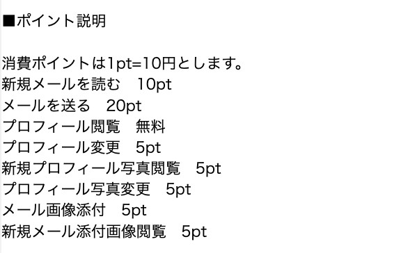 ポイント料金表のスクリーンショット