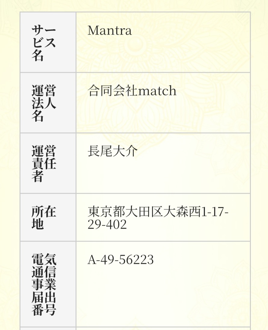 マントラの特定商取引法に基ずく表記