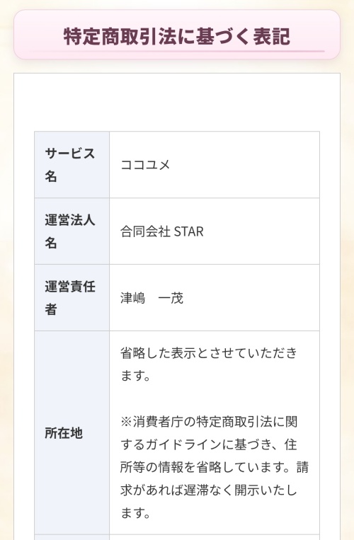 ココユメの特定商取引法に基づく表記